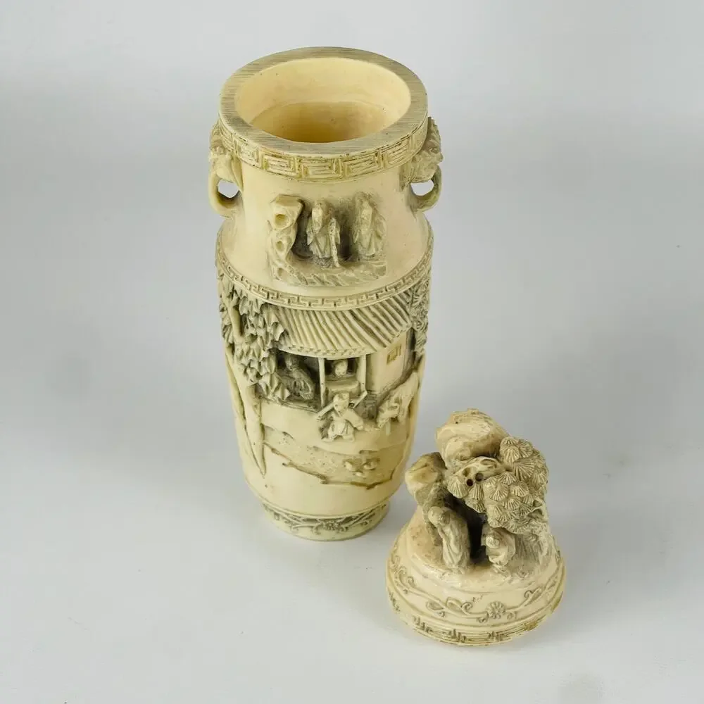Vintage Ornate Chinese Hand Carved Composite Resin Decorative Vase with Lid